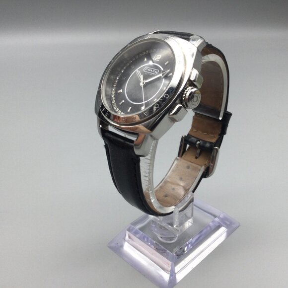 Coach Watch Women 39mm Silver Tone Black Logo Dial Crystals Leather New Battery main image 6